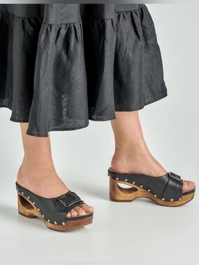 Dansko Adeline Platform Wedge Slide Sandals Black calf leather Women’s size 38